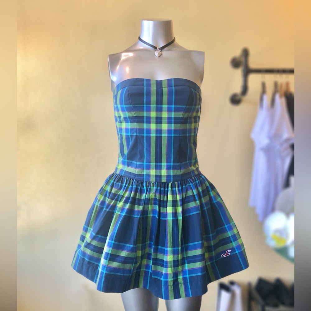 One Piece Blue Tube Dress with Checkers XS